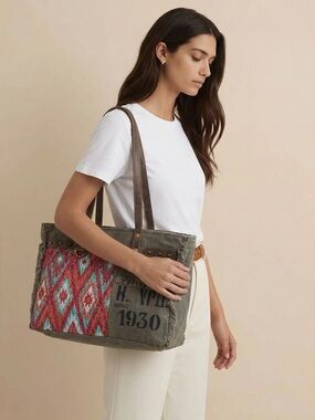 Myra Bag Boho Pink Rug and Canvas Small Weekender Tote Shopper Travel Purse New